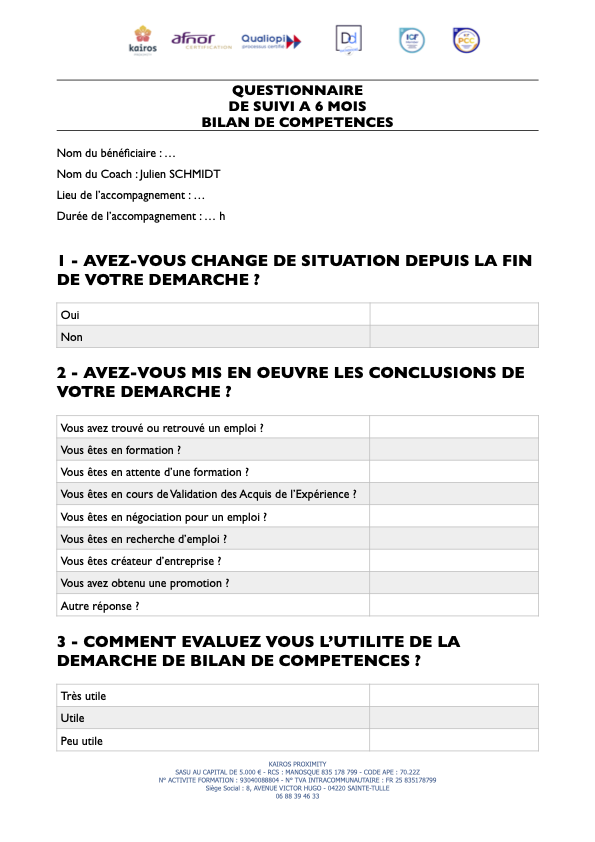 EXEMPLE DE FICHE D'EVALUATION POST BILAN DE COMPETENCES Image